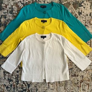 SET OF 3 JONES NEW YORK SIGNATURE COTTON JEWELED CARDIGANS WHITE YELLOW TEAL L
